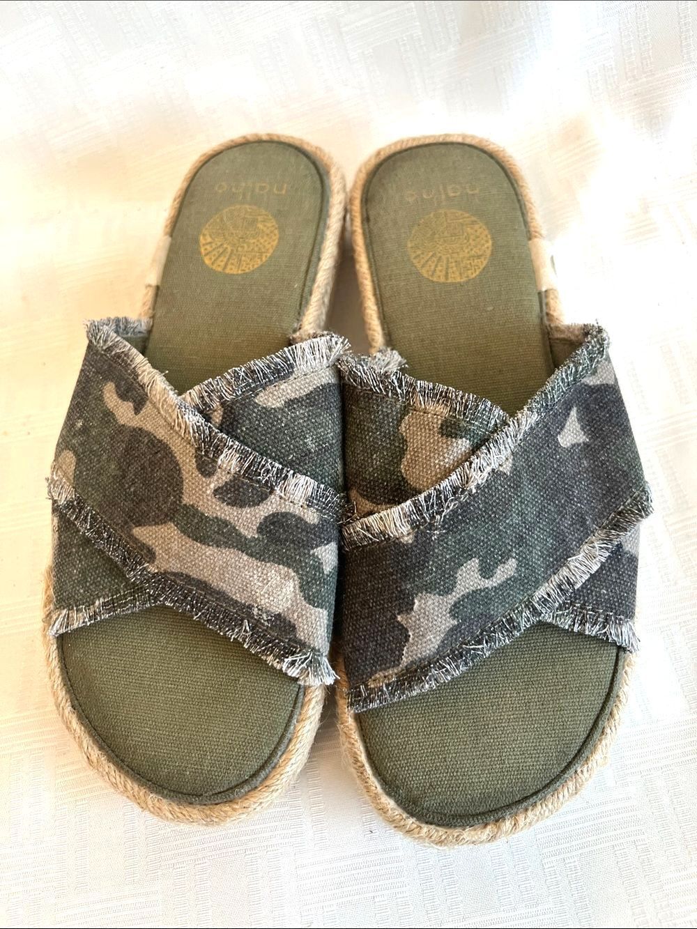 Nalho Camouflage Espadrille Slide Sandals Olive Green Boho Yoga Mat Size 7.5